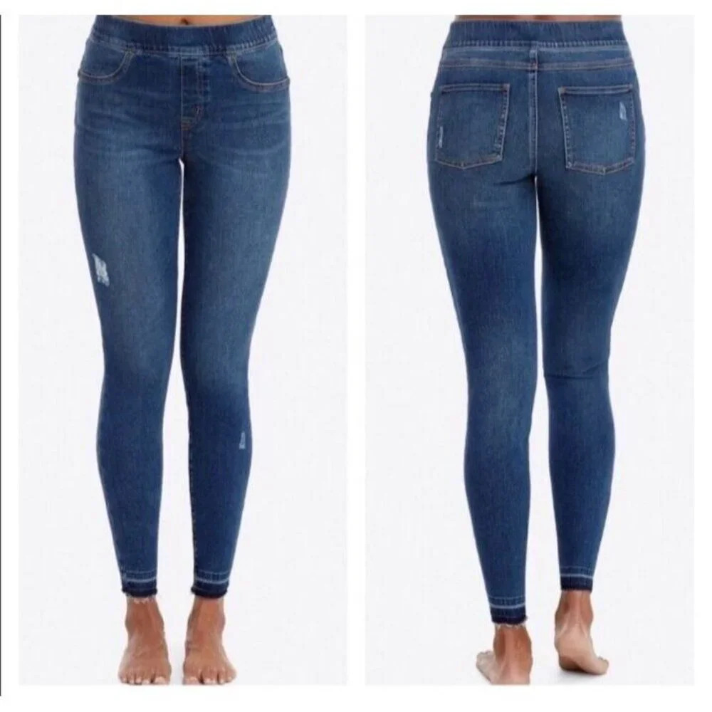 SPANX Distressed Skinny Pull On Elastic Waist Pants Raw Ankle Jeggings Jeans M
